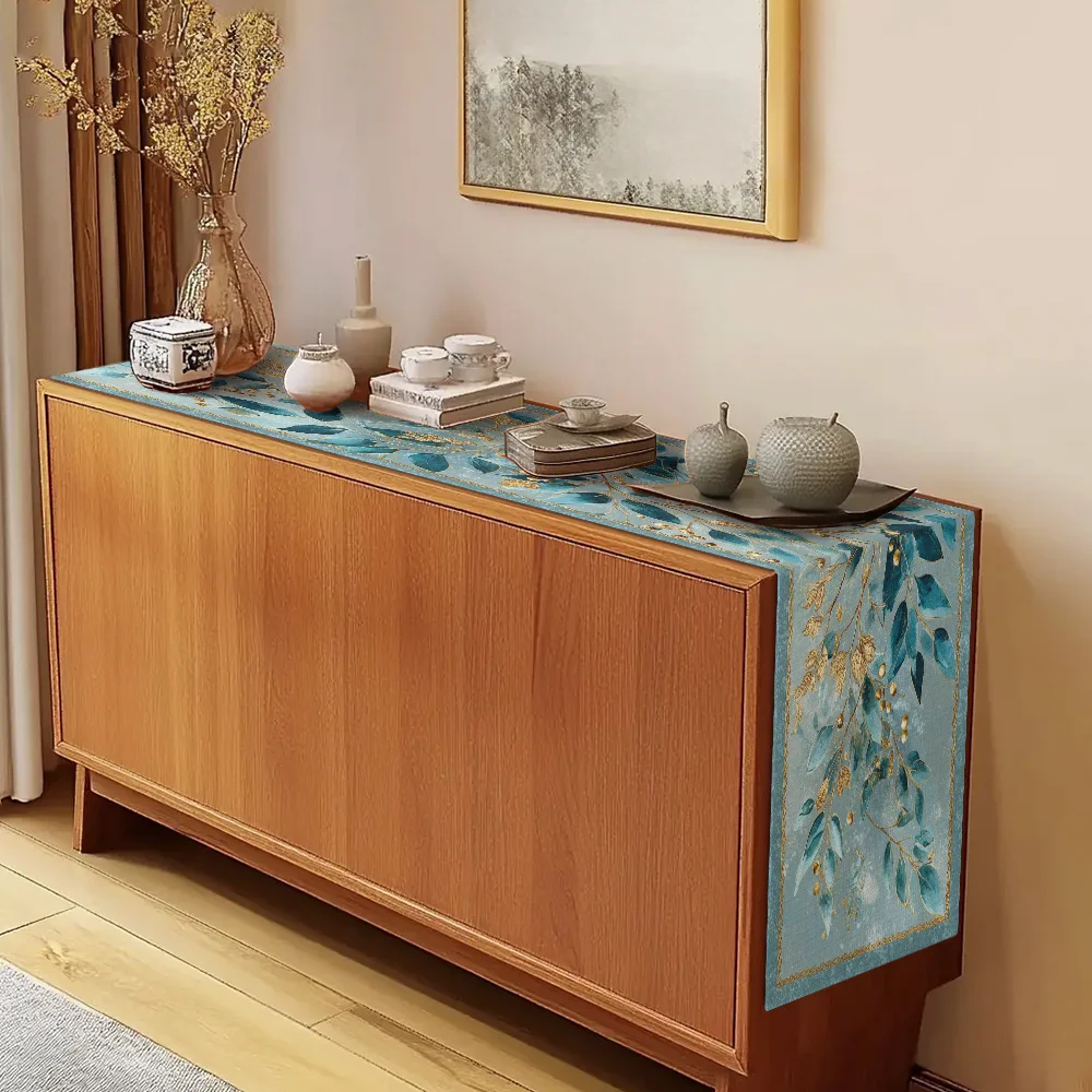 1pc Blue Gold Eucalyptus Leaf Print Table Runner, Suitable for Family Dinners, Afternoon Tea, and Tabletop Decoration