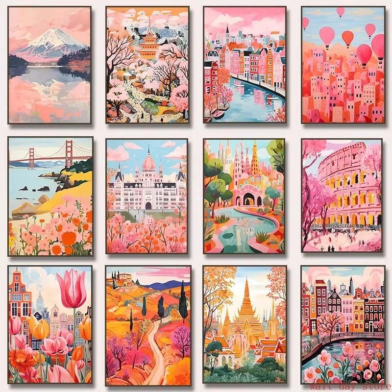 Póster de viaje con paisaje urbano de Italia, Portugal, Marruecos, Ámsterdam, Japón, Roma, Turquía, Barcelona, ​​pintura en lienzo para sala de estar, hogar