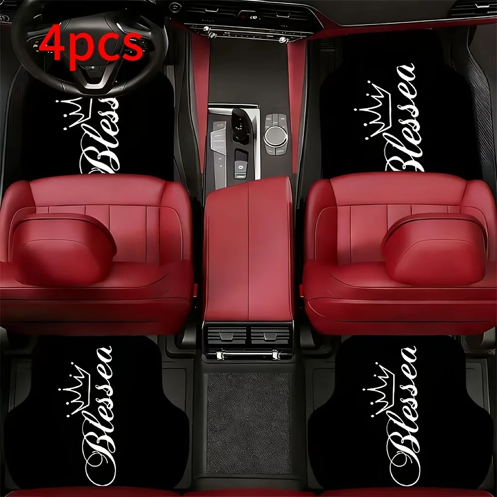 4pcs Blessed Crown Pattern Car Floor Mats | Polyester, Universal Fit, Suitable For Front And Back Seats, All-Season, Washable, D