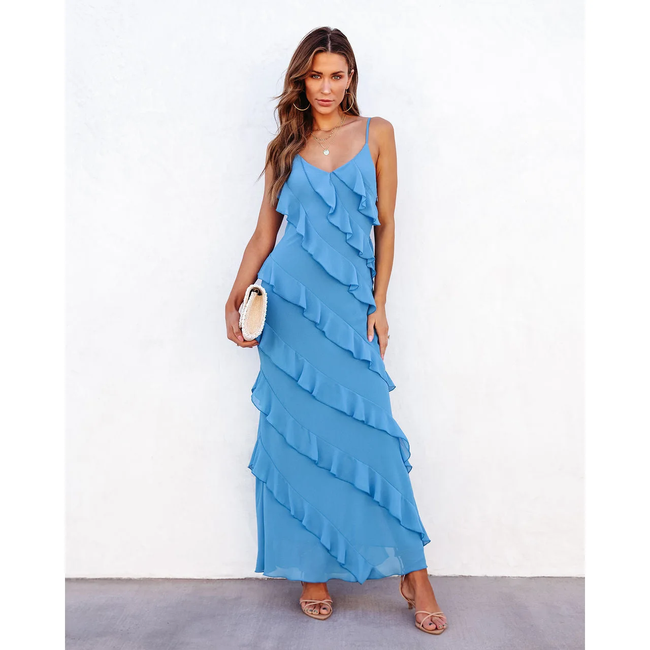 

Spring and Summer Sexy Backless Suspender U-neck Off-Shoulder Wave Slim Side Slit Dress Long Dress European and American