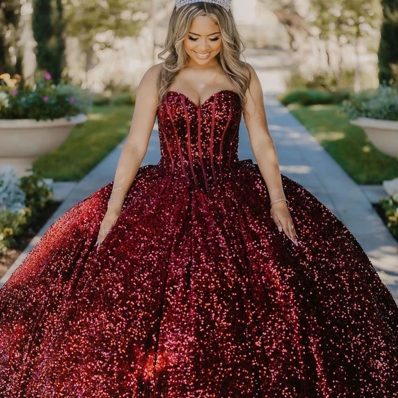 

Dark Red Shiny Sequined Sweetheart Ball Gown Quinceanera Dresses Beads Sweet 16 Dress Pageant Gowns Vestidos De 15 Anos