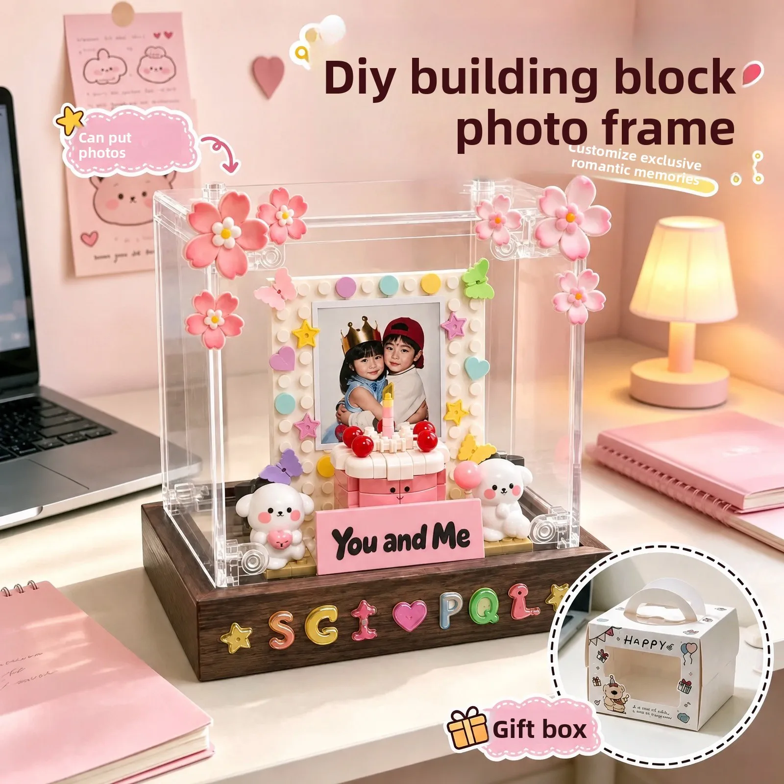 DIY Building Block Cake Photo Frame, Picture Frame Kit for Couples & Best Friends,Personalized Birthday Gift,Creative Desk Decor