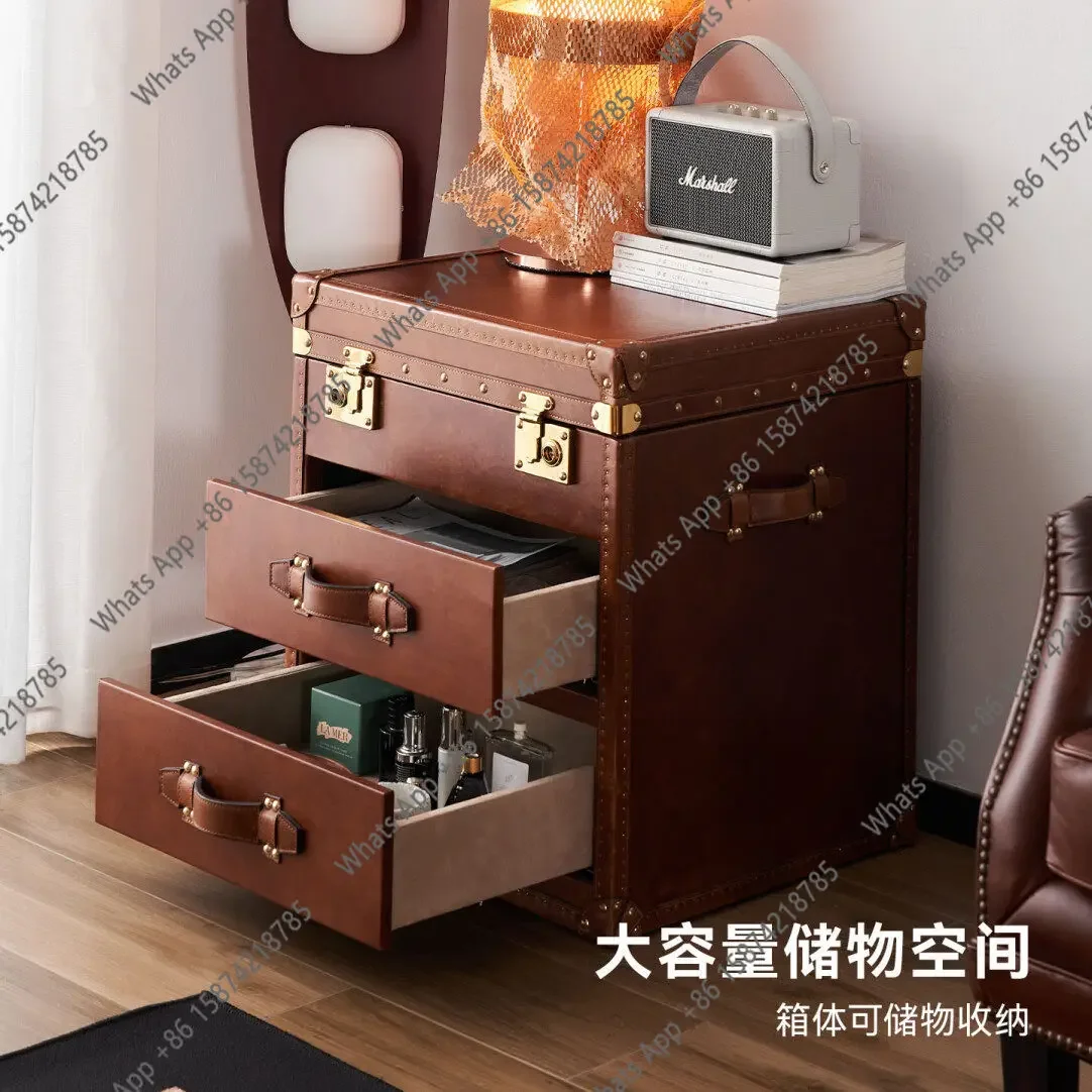 X65 Medieval Leather Box Edge Few Retro Old Real Belt Smoking Storage Side Cabinet High-end Cigar Bar Table American Bedside Tab