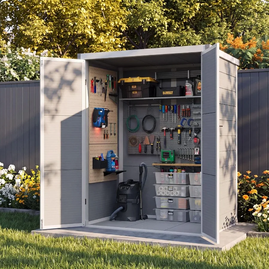 Outdoor tall storage shed for yard supplies, plastic material, gray color, 55 cuft capacity with floor and lockable doors