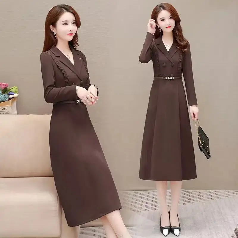 Temperament Solid Color Long Sleeve Casual Dresses Buttons 2023 New Office Lady Dresses Temperament Fashion Women\'s Clothing