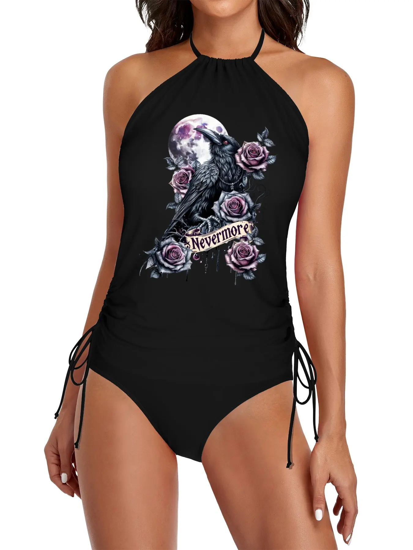 

Black Crow, nevermore, raven, dark roses, Halloween, corvid, black, magic, witchcraft, Wicca Split Swimsuit Set