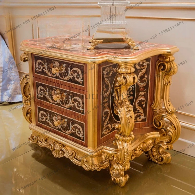 yj58 European bedroom bedside table Solid wood hand-carved bedside table Classical bedside table furniture with pumping