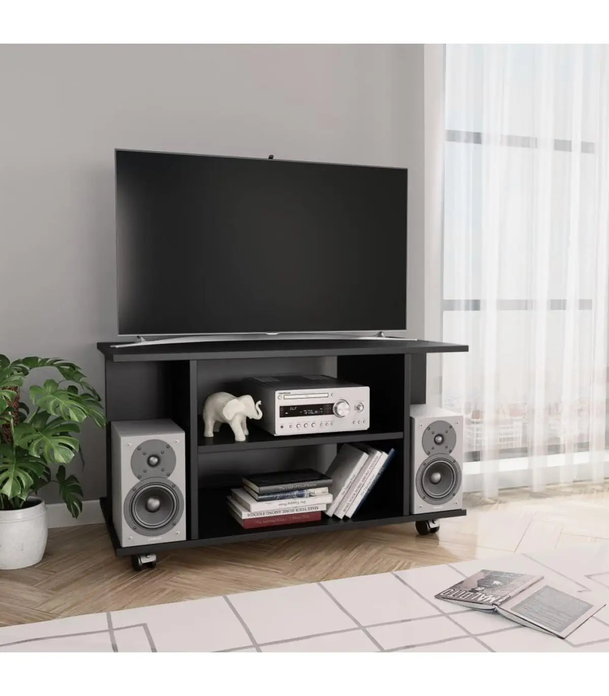 Furniture TV furniture with wheels black plywood 80x40x40 cm