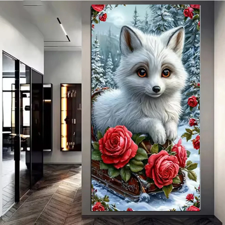 

Белая лиса, красная роза, 5D Diy, наборы для рисования бриллиантами, дикие животные, полная квадратная круглая алмазная вышивка, фотографии, мозаика, искусство 110x220 см