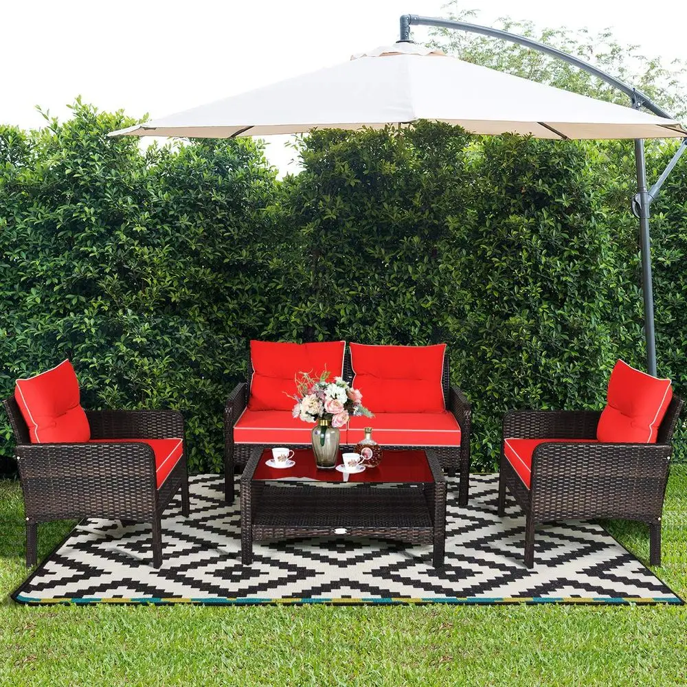 4 Pieces Wicker Conversation Set, Outdoor Rattan Furniture Red
