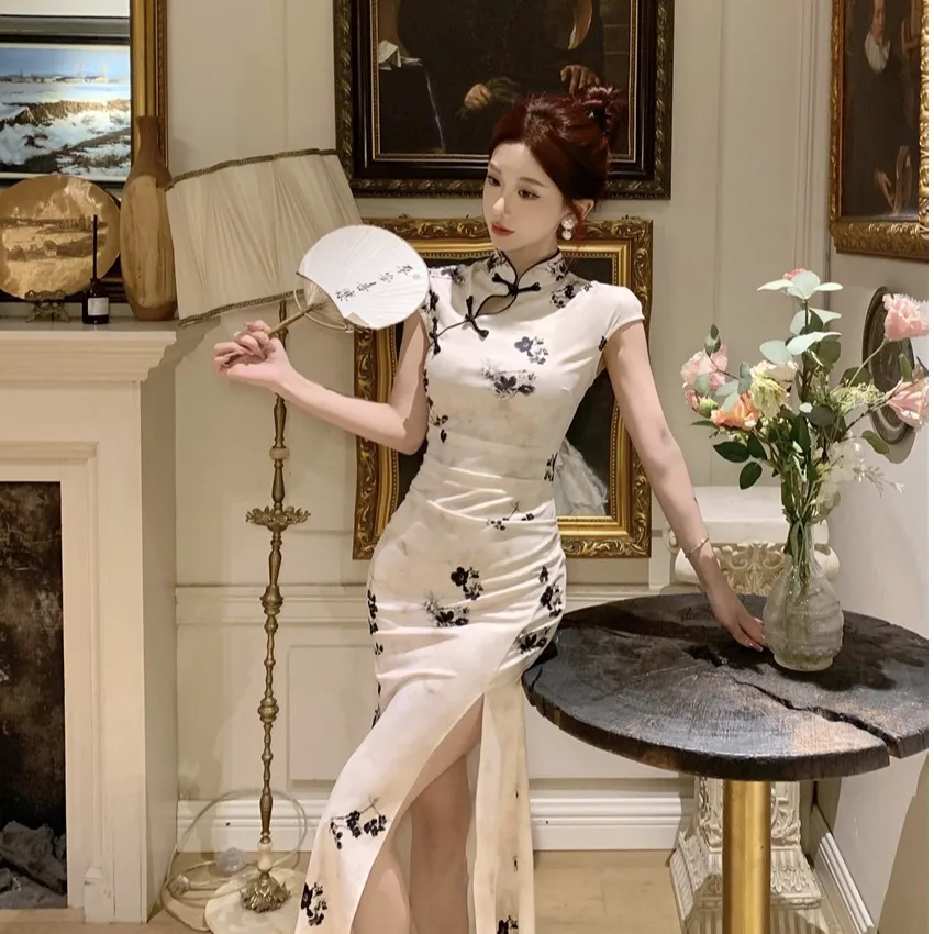 New Chinese Sle Slimming Waist Qipao Dr Stand Collar Full Skirt Summer 2025 Faionable Women's Clothing