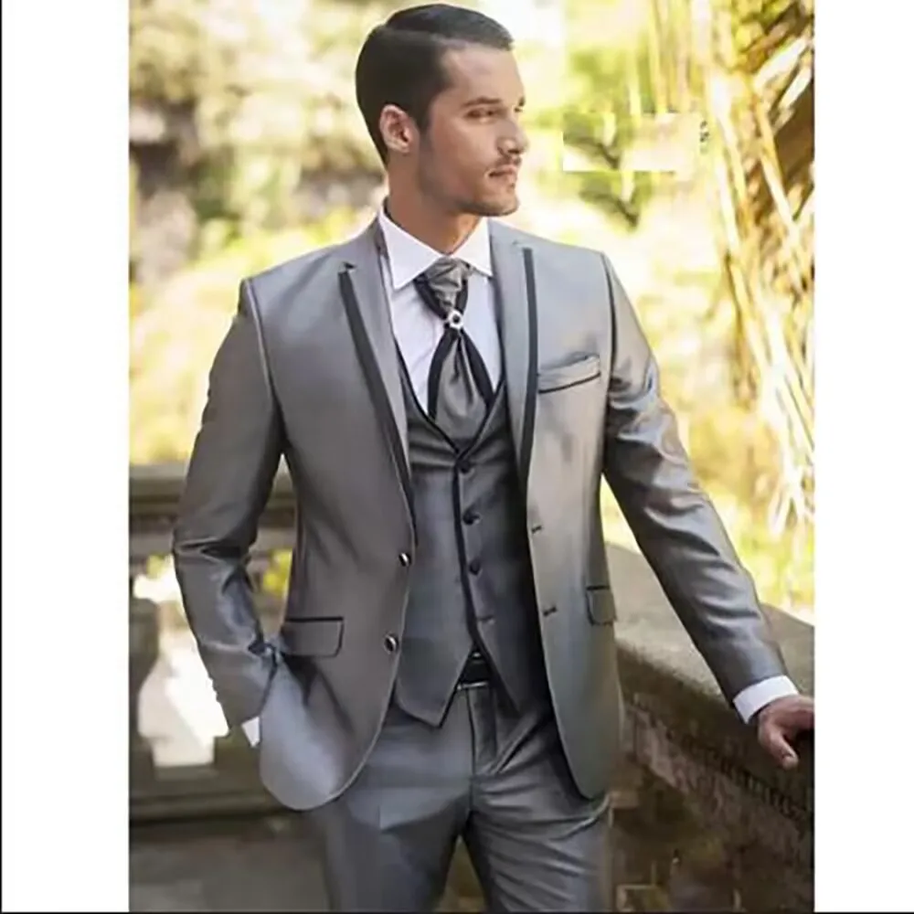 

2024 Men Suits Latest Casual Fashion Design Wedding Silver Shine Material 3 Pieces Wedding Party Prom Tuxedo Jacket Pants Vest