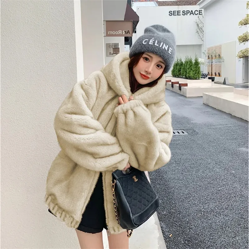 2024 Winter New Hooded Rabbit Hair Imitation Mid length Fur Coat Korean Version Loose Thickened Plush Coat Women Solid Commuter