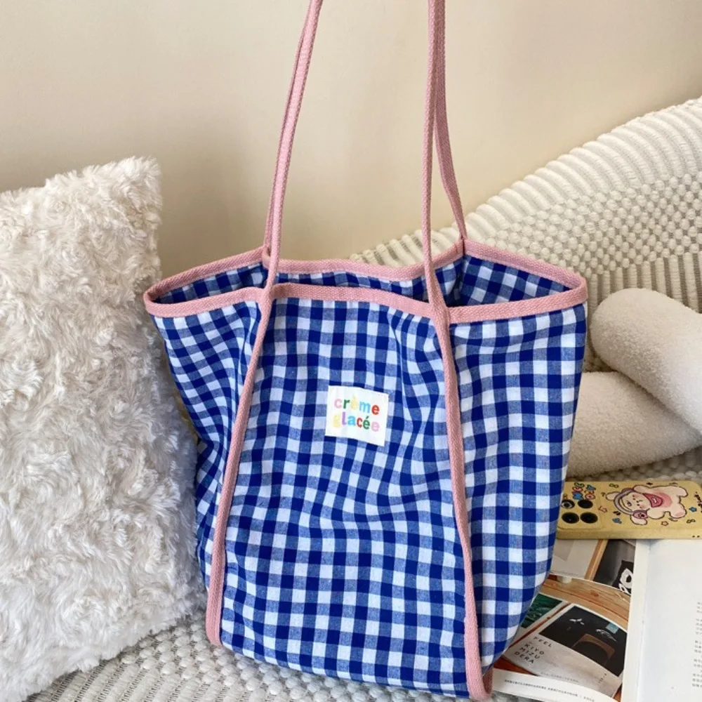 Women Canvas Shoulder Bag Red Plaid Books Daily Shopping Bags Students Bookbags Cotton Cloth Handbags Large Tote For Girls