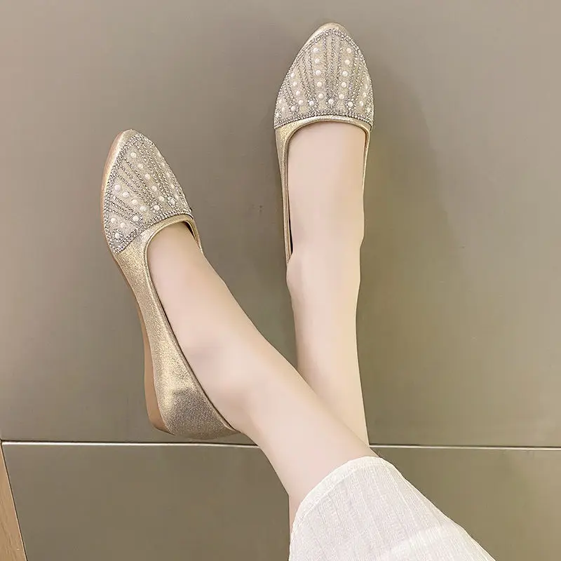 Shoes for Women Pointed Toe Gold Pearl Slip-on Woman Flats Wholesale 2025 Summer Stylish Korean Style Shoe Promotion Low Price