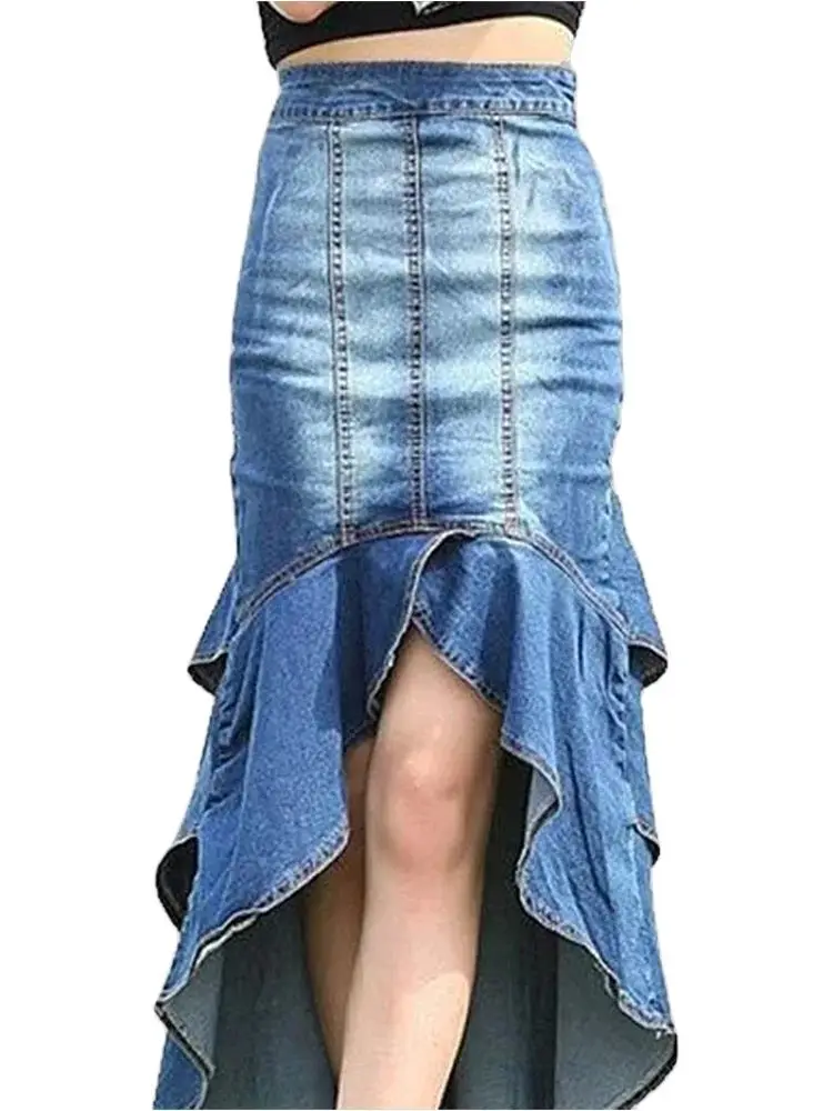 Women Ruffle Asymmetric Denim Skirt High Waist Vintage Casual Sexy Skinny Chic Fashion Female Denim Tight Fitting Long Skirts