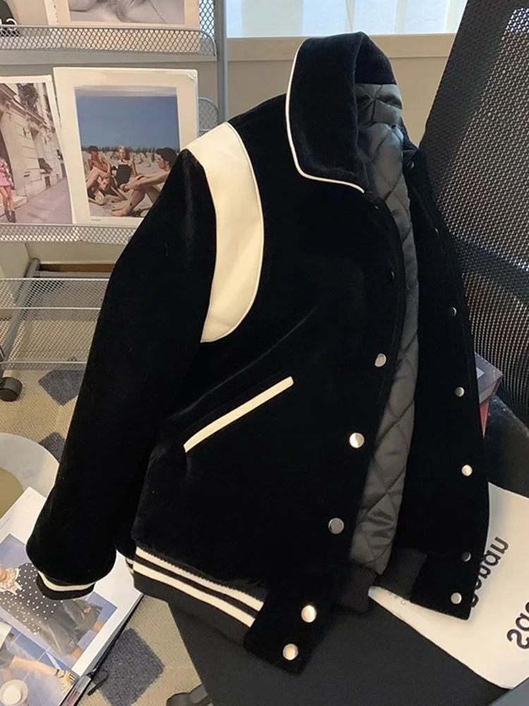 

Корейский Sle Ins Color Blo Velvet Jaet Baseball orm Свободный повседневный утягивающий мужской женский весенне-осенний High Street Out...