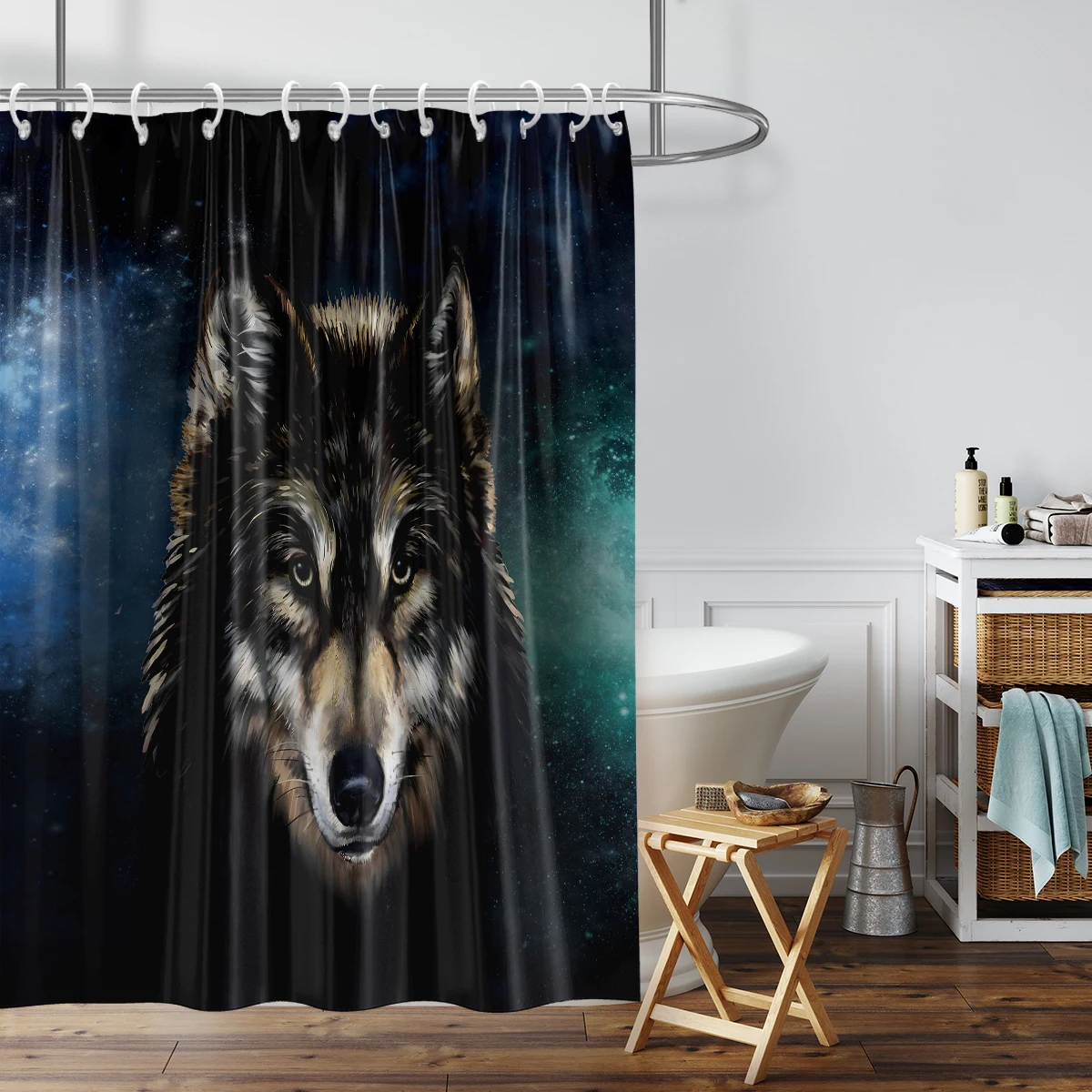 1 piece of 180x180cm starry sky and wolf print shower curtain, partition bathroom waterproof and mildew proof home decoration