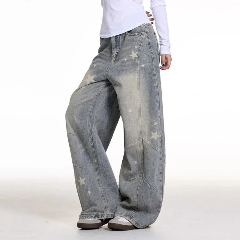 ANJY Spring Autumn New Women Washed Vintage Print Design Versatile Wide Leg Jeans Trendy Loose Distressed Ins Denim Pants A22935