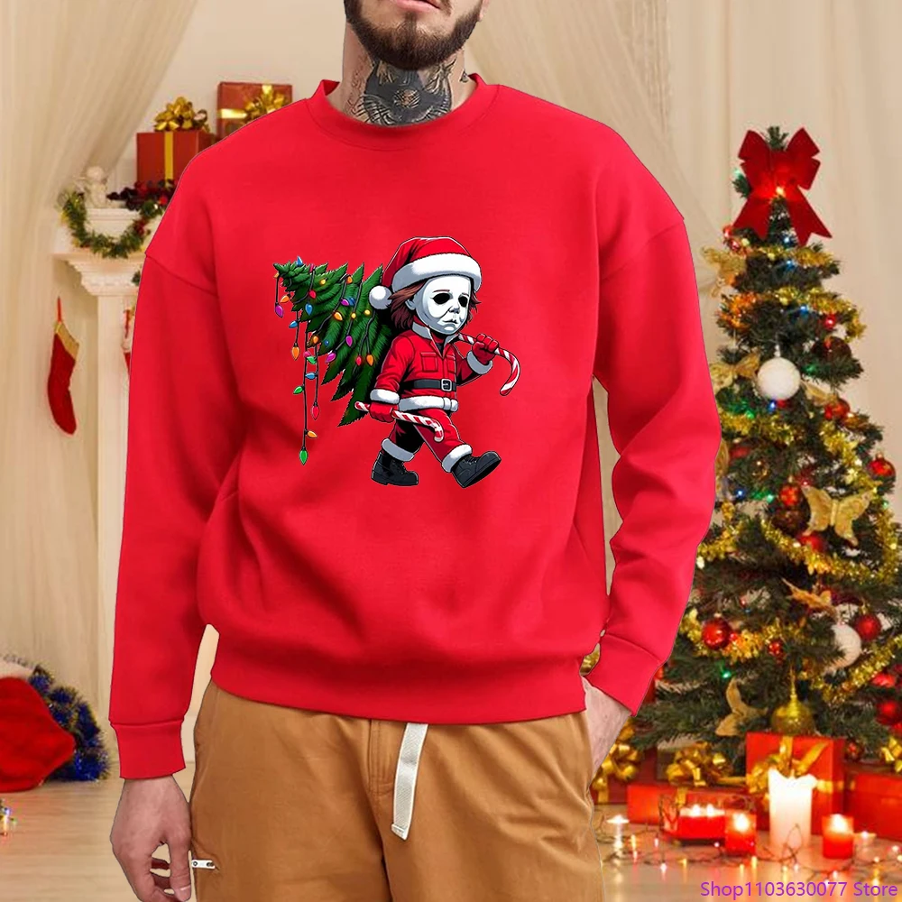 

Рождественский безликий человек с принтом рождественской елки, мужской уличный пуловер с длинными рукавами и круглым вырезом