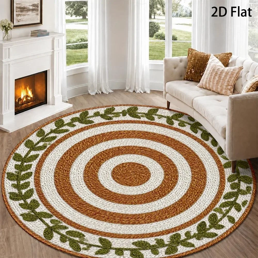 Boho Abstract Shape Round Carpet Terracotta Blue Brown Beige Organic Striped Textured Print Circular Floor Rug for Living Room