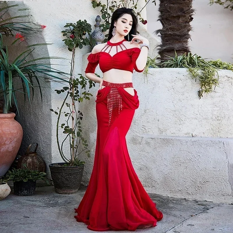 Trajes de dança do ventre para mulheres sexy com decote em v + saia rabo de peixe com borla 2 peças roupas de prática de dançarina do ventre roupas de dança adultas