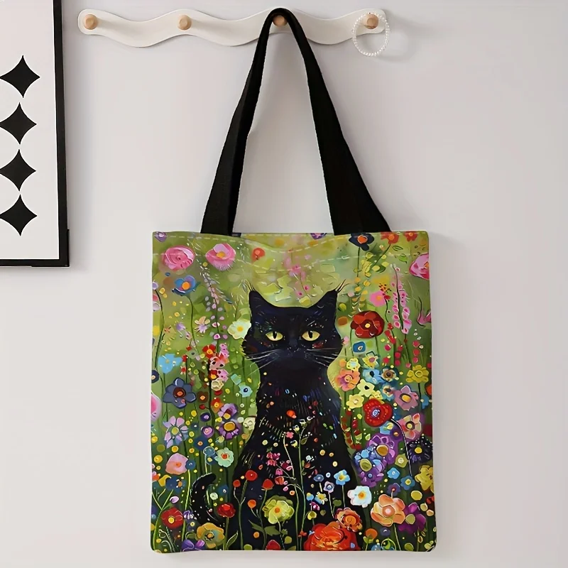 Cat Flower Print Casual Shoulder Shopping Bag Fashionable Multifunctional Reusable Tote Bag