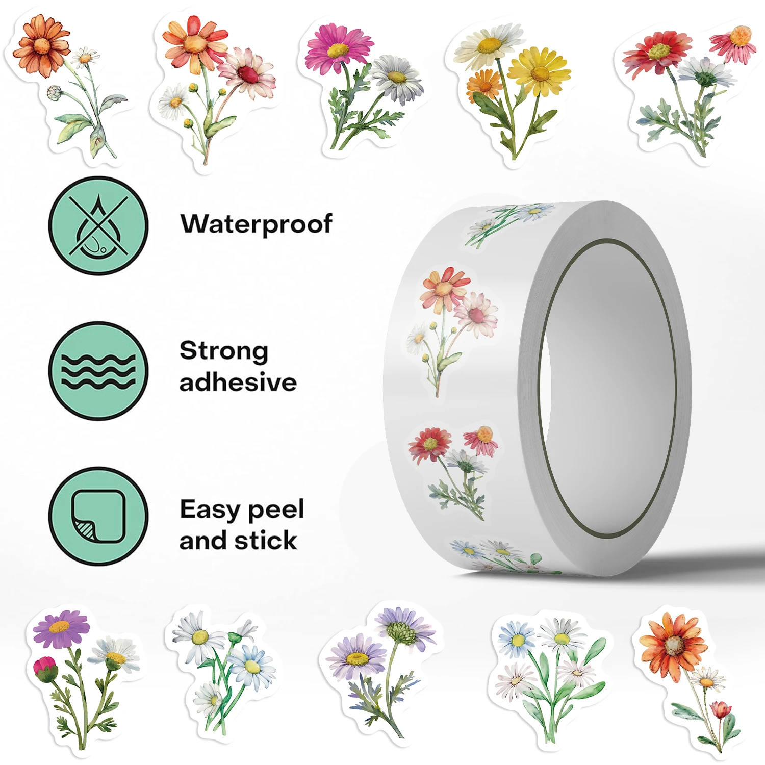 500PCS Daisy Wildflower Roll Stickers Colorful Painted Flowers Mobile Phone Notebook Decoration Envelope Sealing Stickers