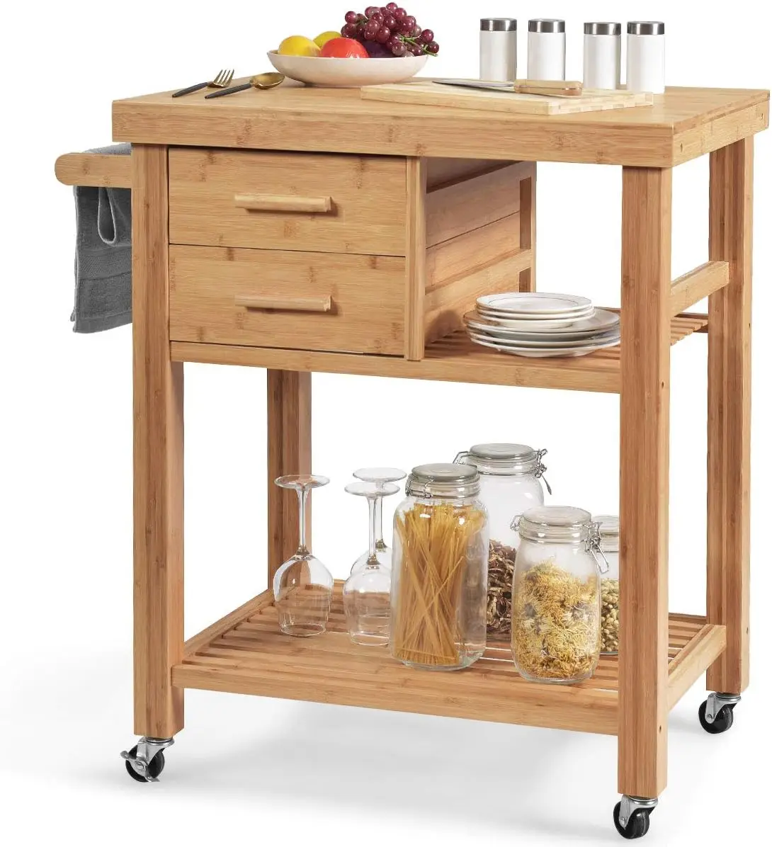 Kitchen Island, Bamboo Island Cart, Kitchen Trolley Cart on Wheels, Rolling Kitchen Cart, 2 Drawers, Towel Rack, Casters with Lo