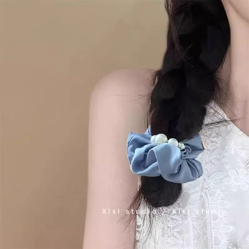 Korean Style Gentle Pearl Hair Tie–Feminine Silk Hair Scrunchie for Low Ponytail &Low Bun,Delicate Headband with Adjustable Band