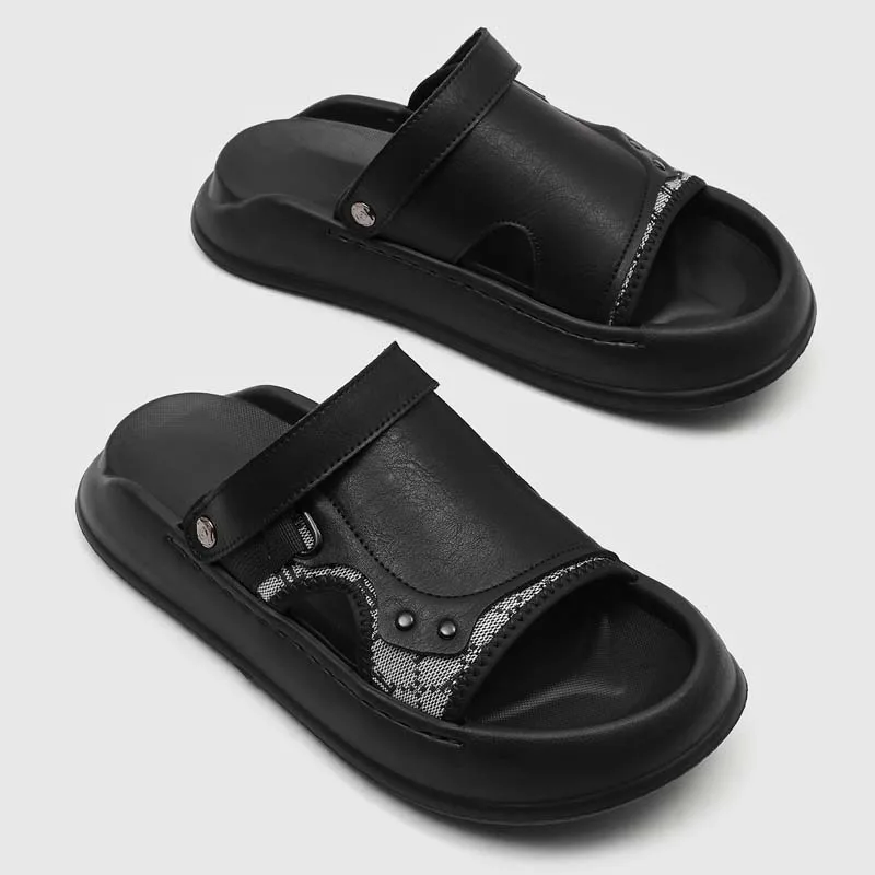 

Summer Men Two Way Wear Slide Sandals Retro Jacquard Panel Adjustable Strap Non Slip Thick Sole Outdoor Casual Platform Slippers