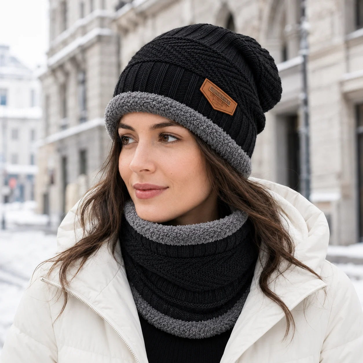 Women Winter Knitted Beanie Hat Scarf Set, Fleece Lined Warm Neck Warmer, Thick Cable Knit Skull Cap Neck Gaiter Outdoor Ski