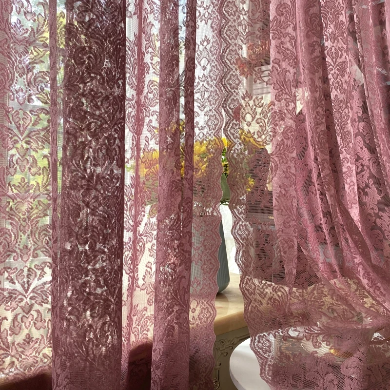 American Country Style Semi-Transparent Light Pink Purple Lace Curtains for Balcony Bay Window Hanging Rod Pocketed Polyester