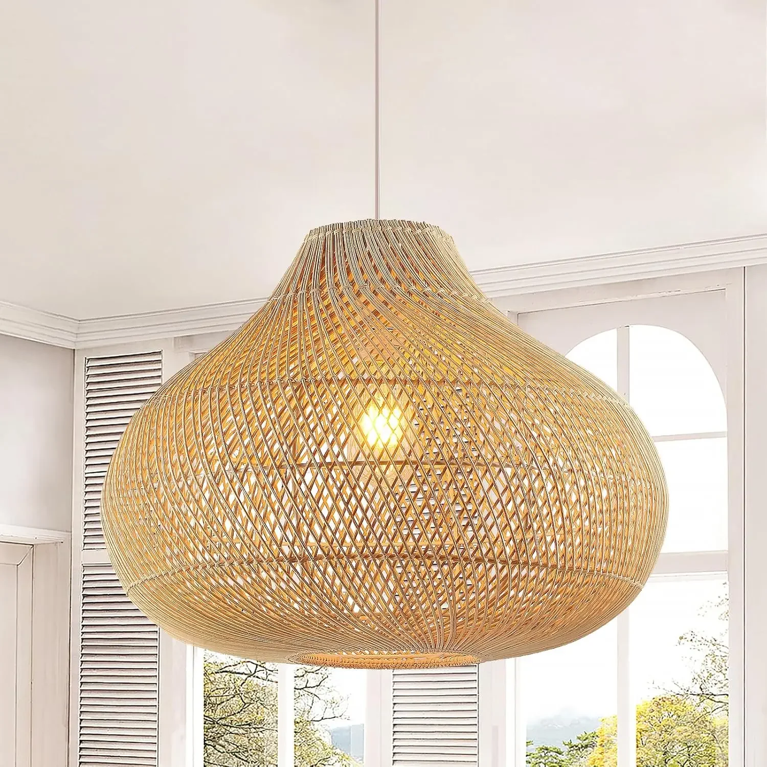 JOYINLED Boho Rattan Wicker Ceiling Pendant Light Dia 35CM for Studio, Entry Hall, Bay Window, Breakfast Nook, Playroom, Library