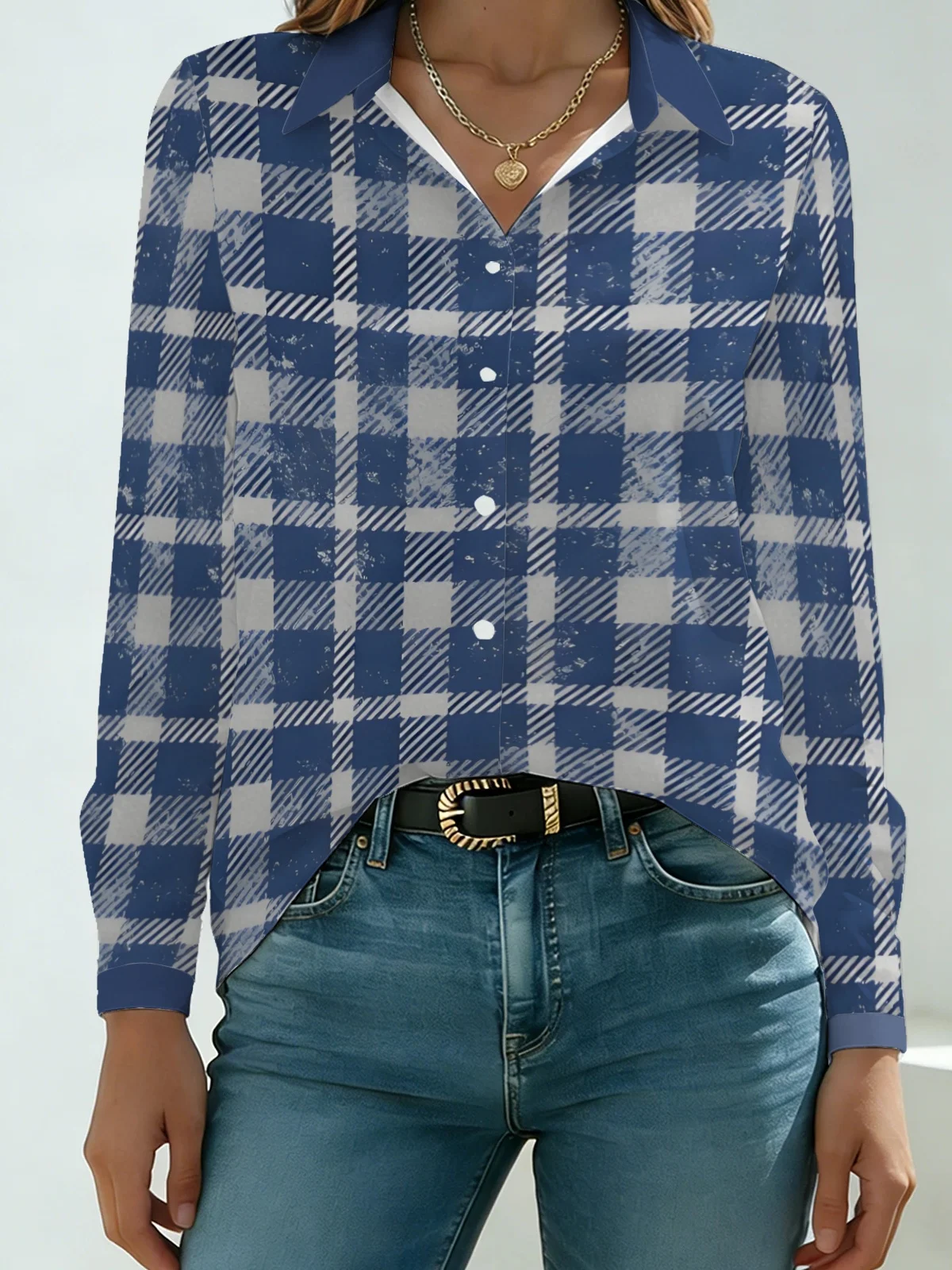 American Retro Minimal Plaid Womens Collared Shirt Muted Blue White Vintage Washed Grid Allover Print Long Sleeve Soft Daily Blo