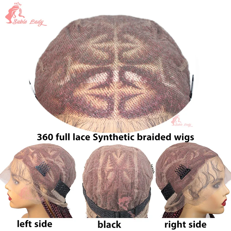 36" Synthetic Wigs Heart Box Braided Full Lace Wigs Burgundy Cornrow Braids Lace Wigs for Woman African Faux Locs Braiding Hair