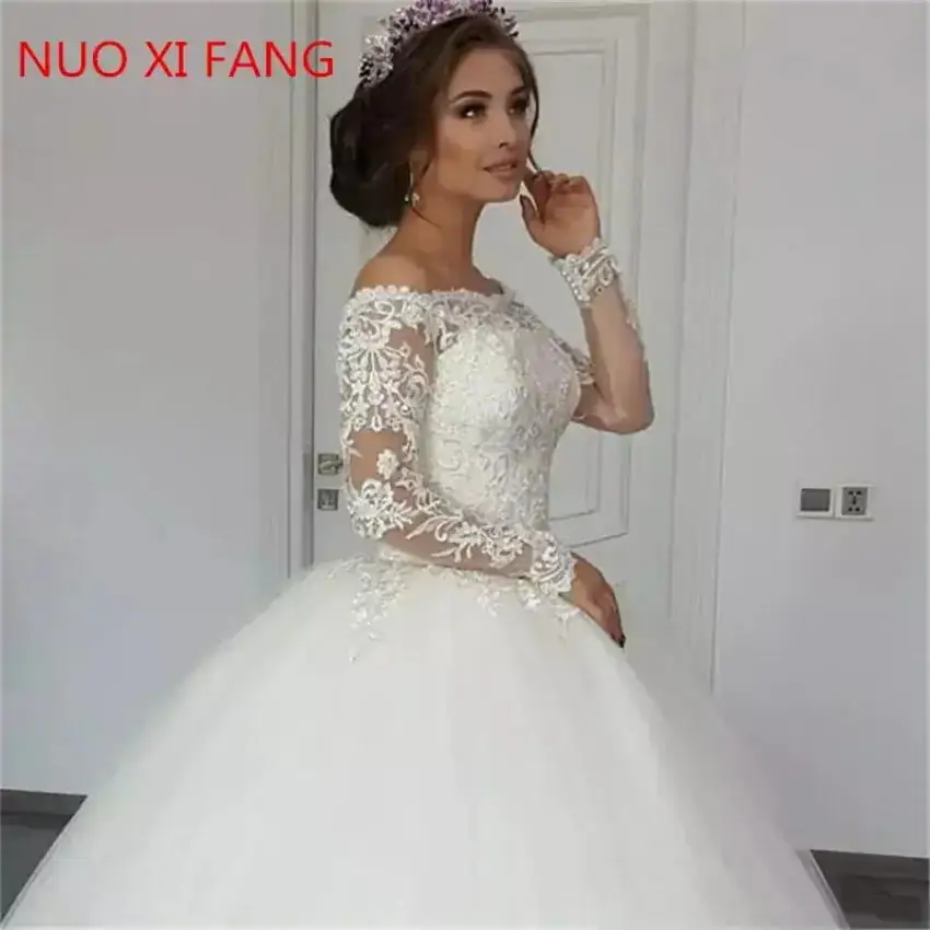 Vestidos de novia de manga larga con apliques de lujo, Vestido de princesa de Noiva, vestidos de novia con cuello de barco y hombros descubiertos, 2024