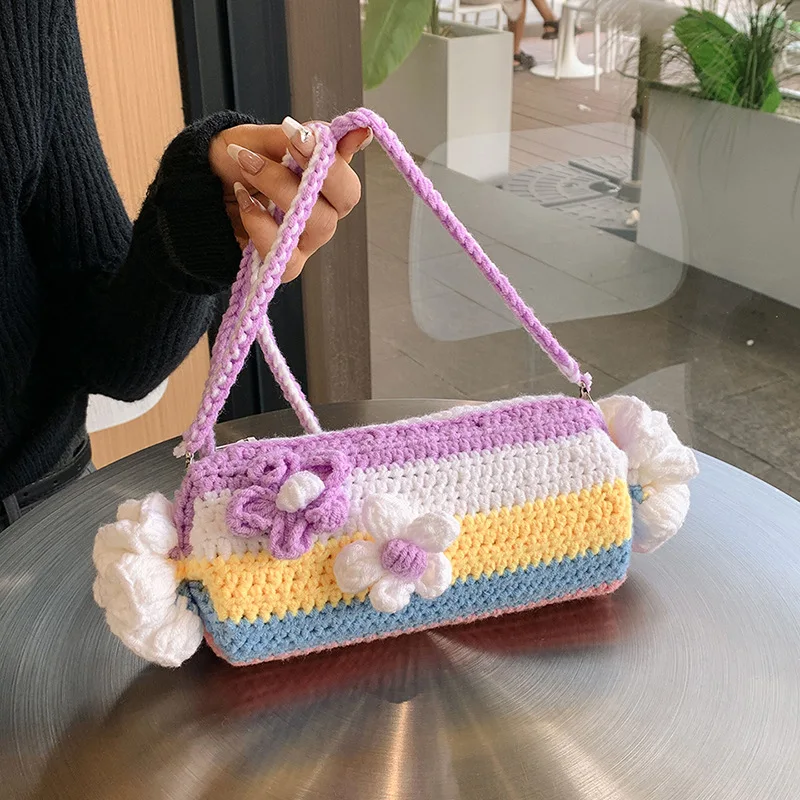 Shoulder Bag Candy Knitted Hand Woven Flower Barrel-shaped Sweet Cute Small Fresh Messenger Bag Leisure Shopping Trend All-match