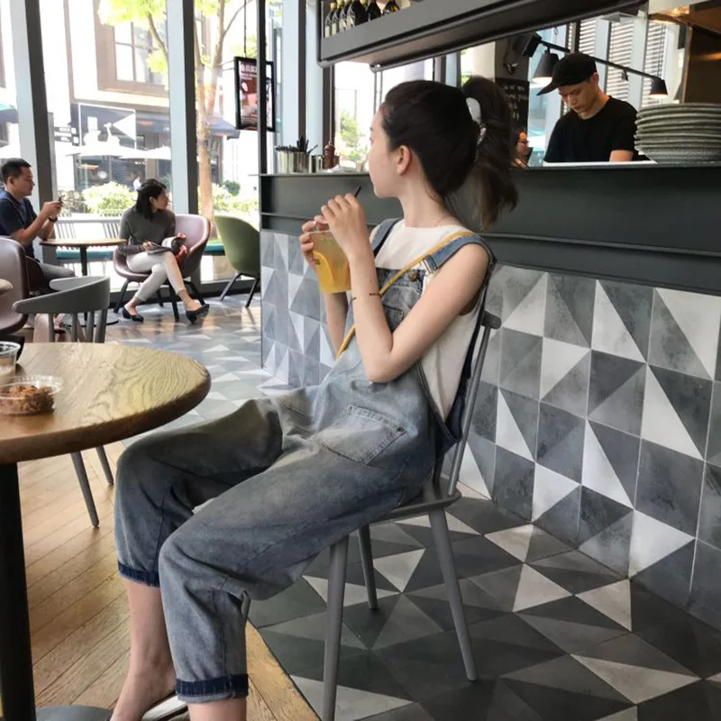 

Loose Women's Denim Overalls High Waist Hole Punching Slimming Spring Fashion Korean Style Commute Quality Blue Cotton PU