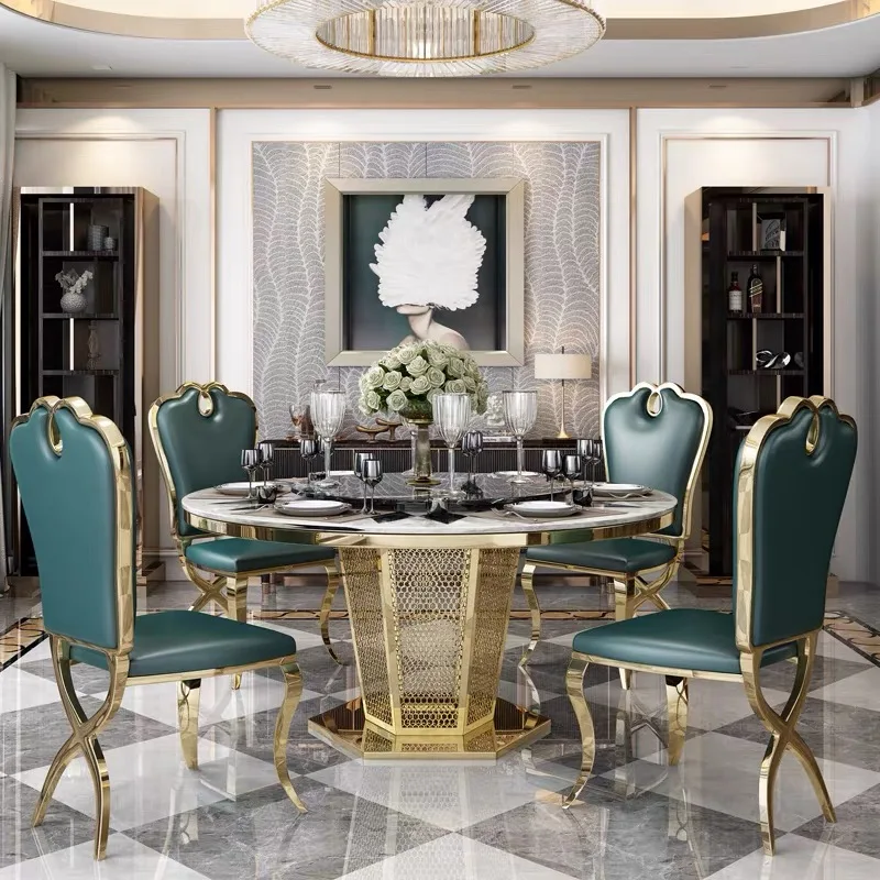 For Luxury Rock Panel Dining Table with Invisible Rotating Lifting Base Gold-Plated Stainless Steel Private Table with Light