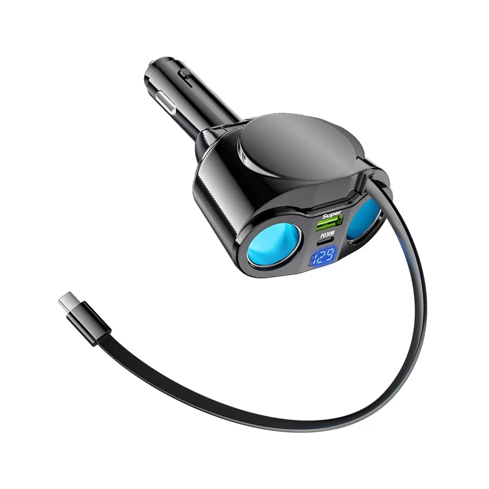 

120W Retractable Cable Car Charger With Five USB Super Fast Chargers Black ABS Accesorios Para Auto