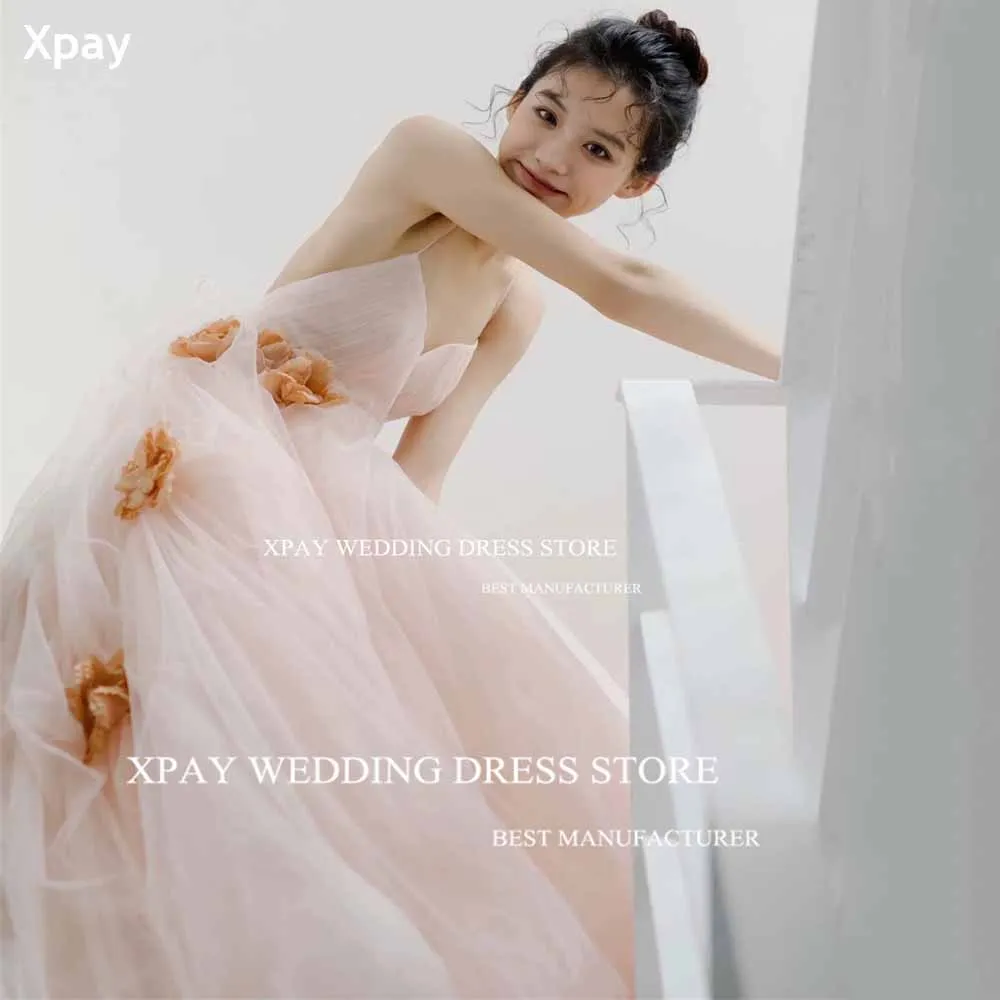 

XPAY Baby Pink V Neck Korea Wedding Dresses Spaghetti Straps 3D Flowers Lace Wedding Photo Shoot Low Back Sleeveless Bride Dress