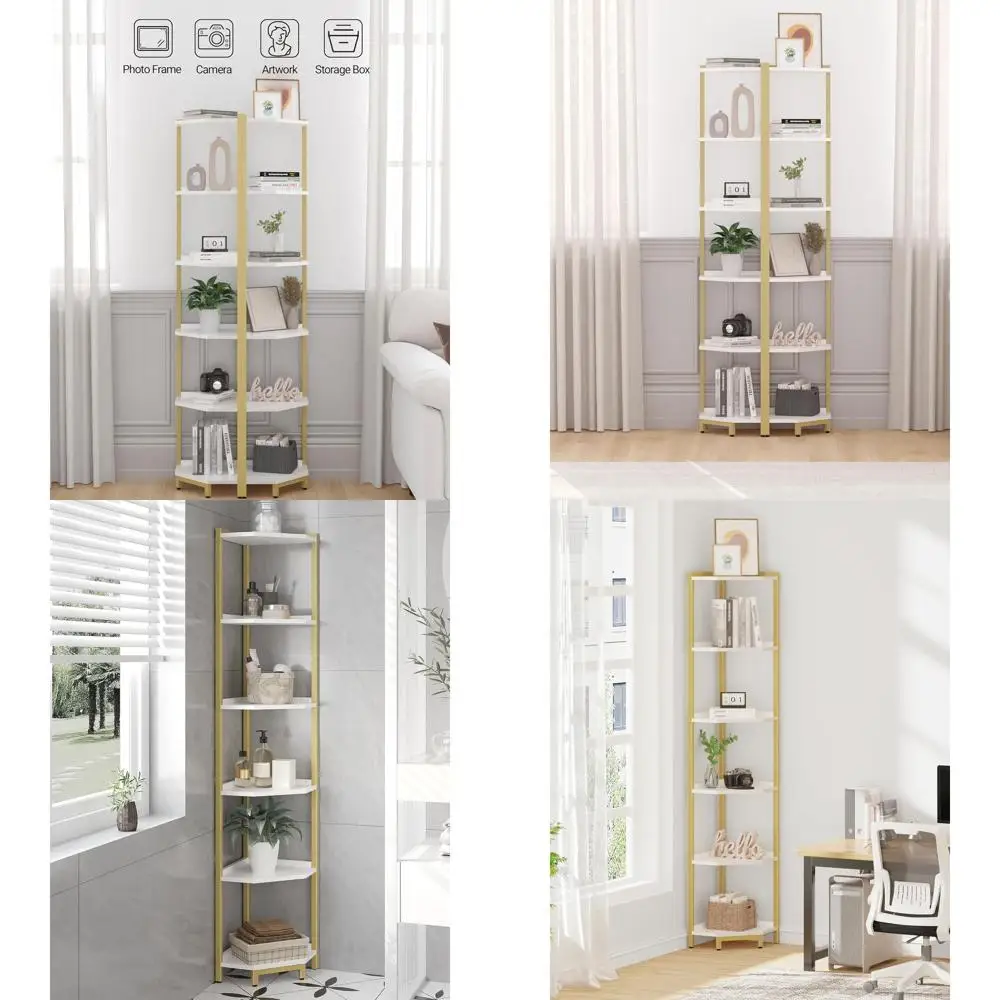 

6-Tier White Gold Metal and Plant Stand, Storage Bookshelf for Living Room, Home Office, Bedroom