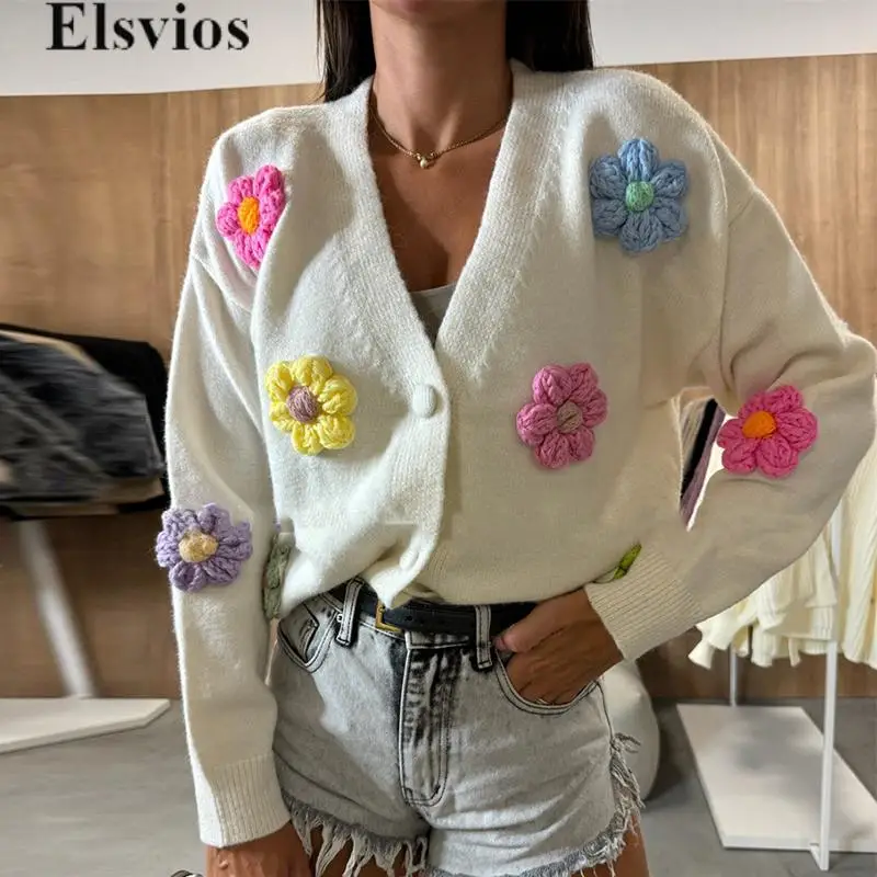 

2024 Autumn Winter Floral Colorful Knit Sweater Women Fashion V-neck Button Jumpers Top Casual Long Sleeve Commuter Sweaters