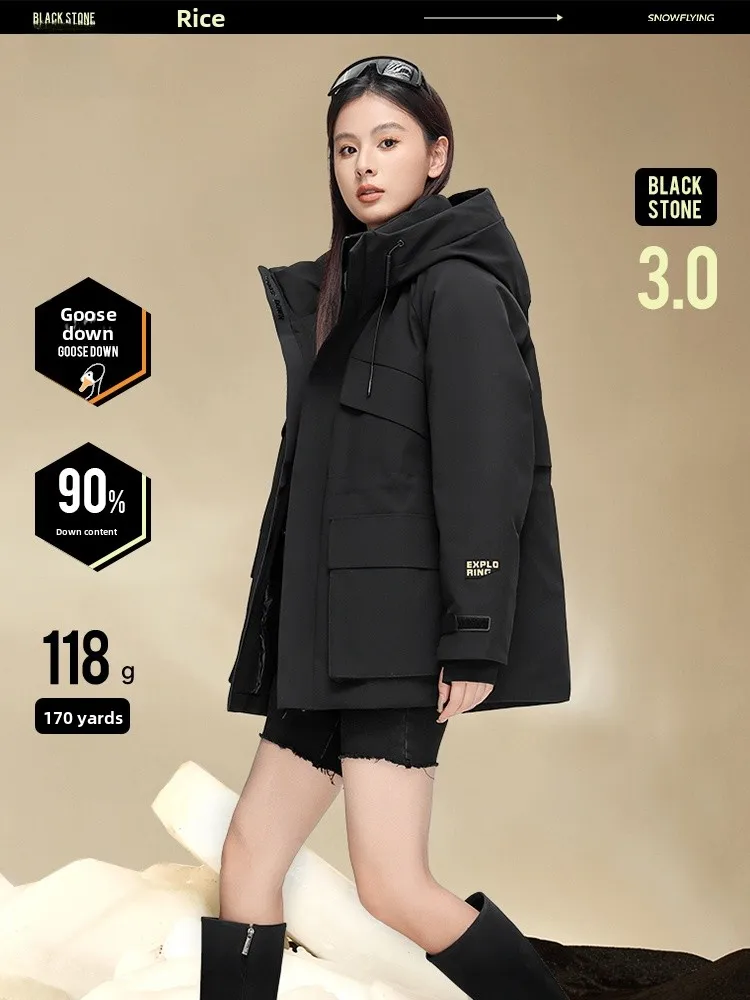 

Bla Obsidian ort down Jaet Snow Flng 2024 Autumn Collection Goose down Hooded Ele Warm Workwear Sle for Women