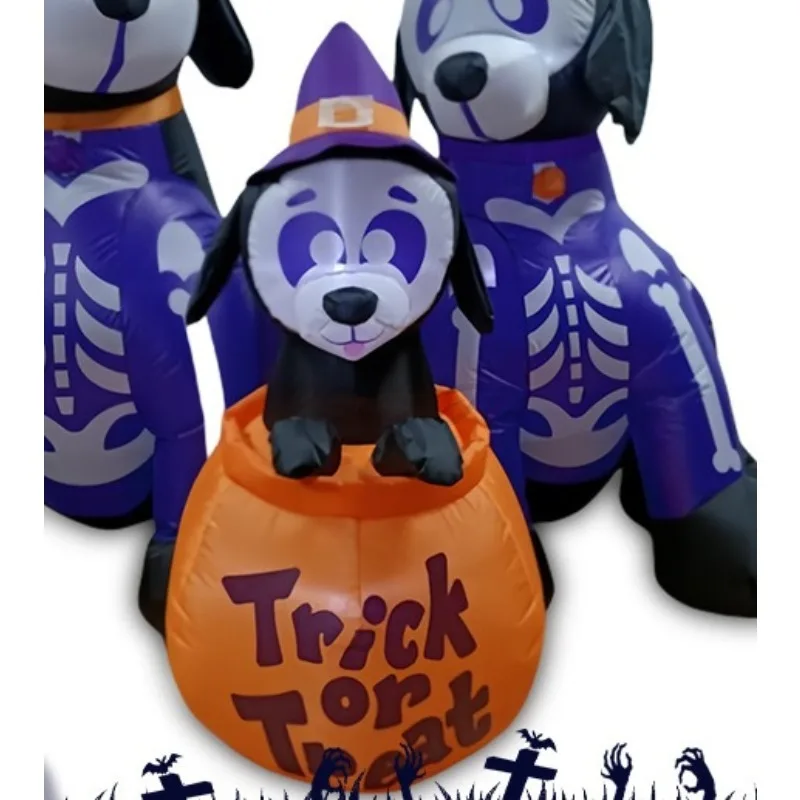 1.8m Halloween Skeleton Three Puppies Luminous Pumpkin Bucket Inflatable Model Courtyard Decoration