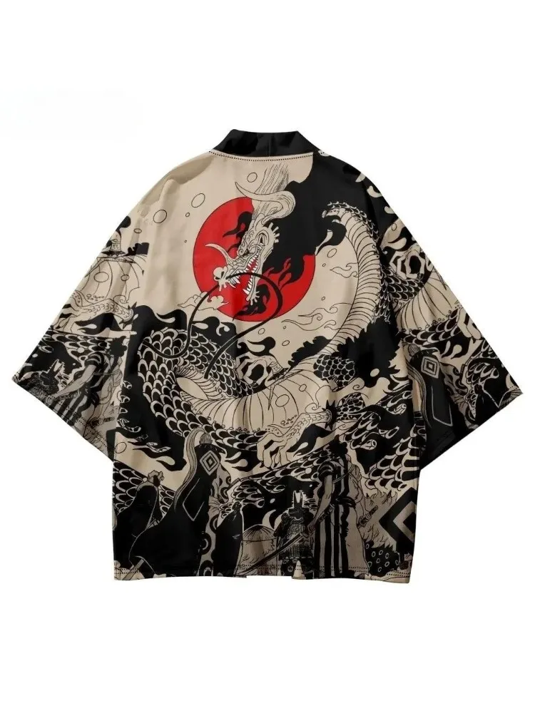 Tradycyjne kimono samurajskie męskie japońskie anime z nadrukiem smoka cosplay haori damskie yukata topy letnie szaty — zdjęcie 2