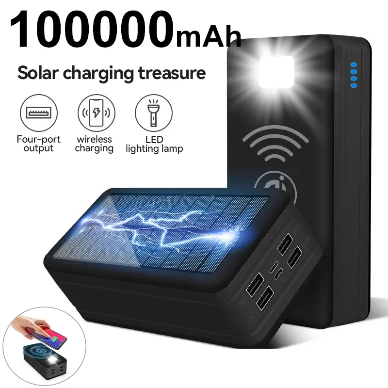 

100000mAh Power Bank Magnetic Wireless Super Fast Charge 2.1A Solar Charging 4USB Powerbank For Xiaomi IPhone15 Portable Battery