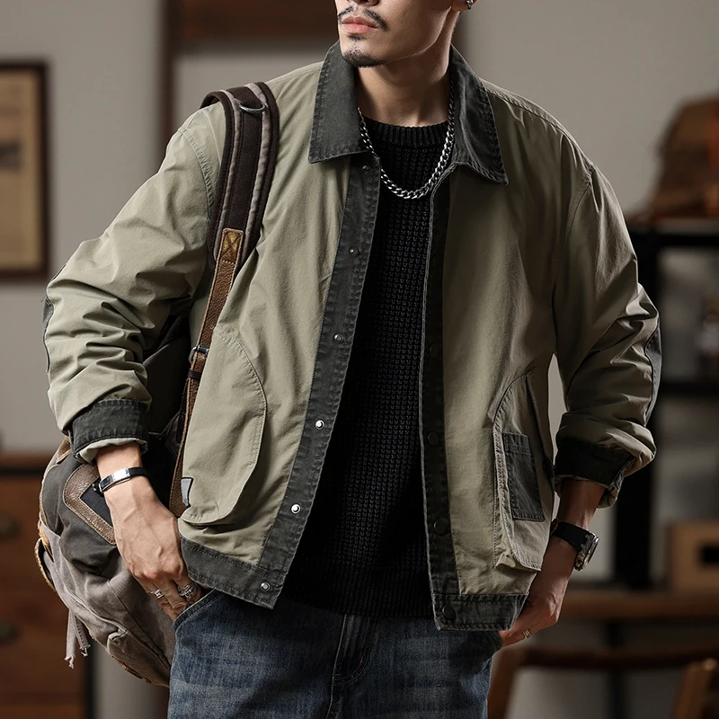 Spring and Autumn's new fashionable retro work jacket, men's lapel coat, color-blocking thin casual outerwear