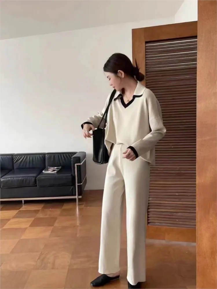 Summer 2 Two Piece Set Women V-Neck Fashion Long Sleeve Ladies Blouses Casual Loose Pleated Wide Leg Korean Woman Wide Leg Pants